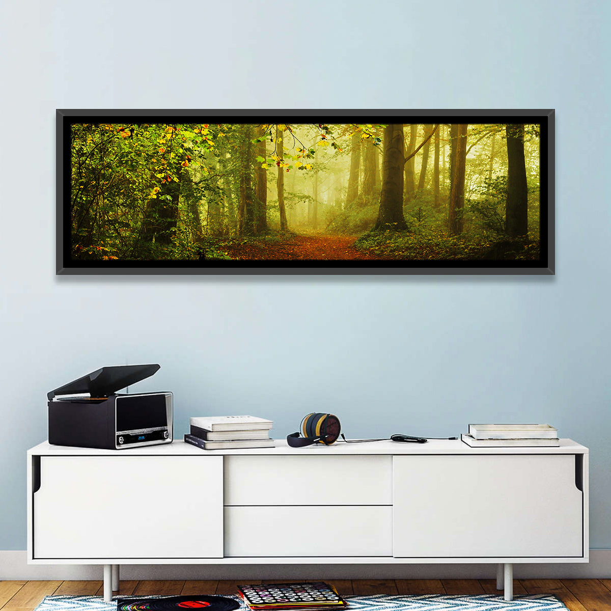 Smoggy Forest Wall Art in a room, panoramic