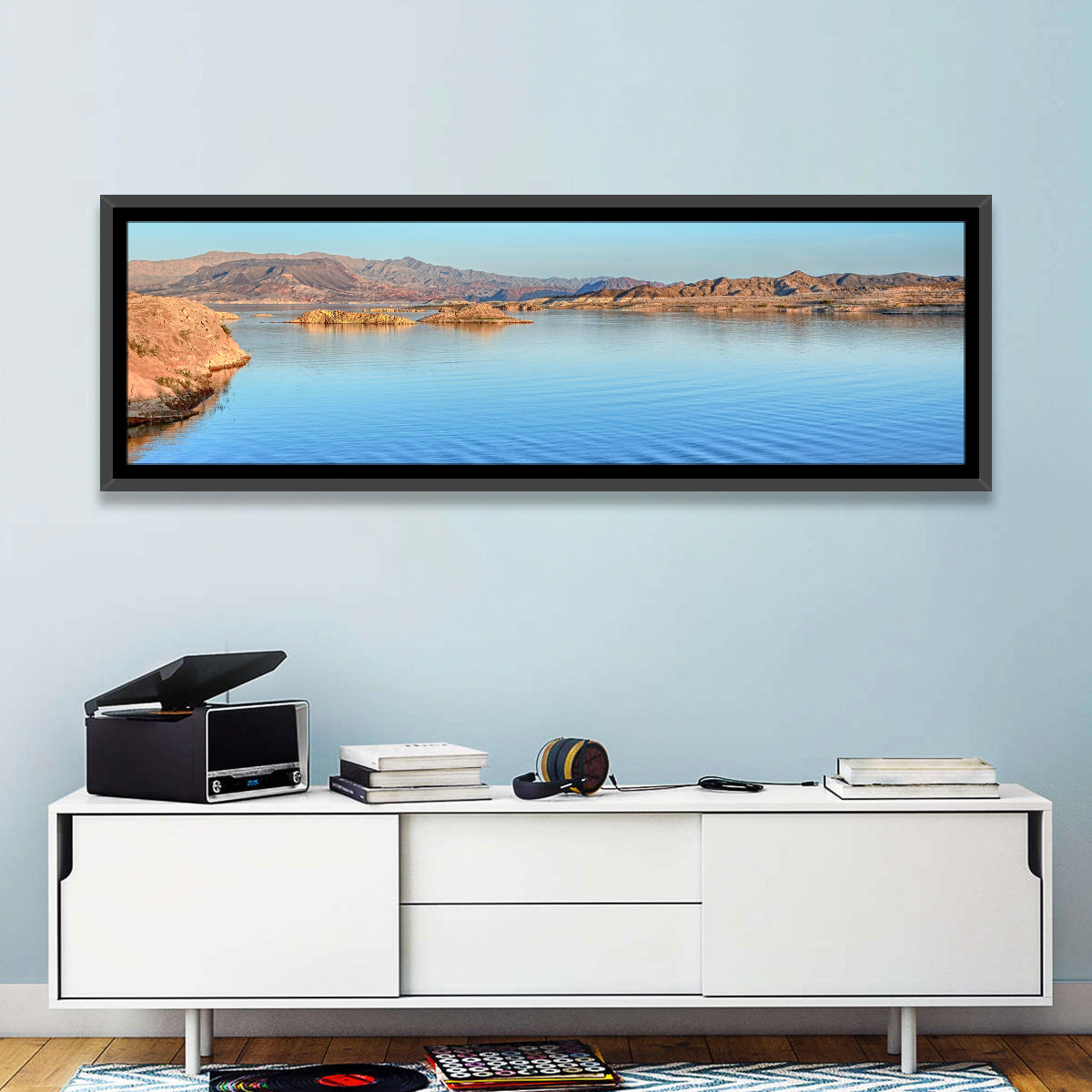 Lake Mead Rocky Shoreline Wall Art in a room, panoramic