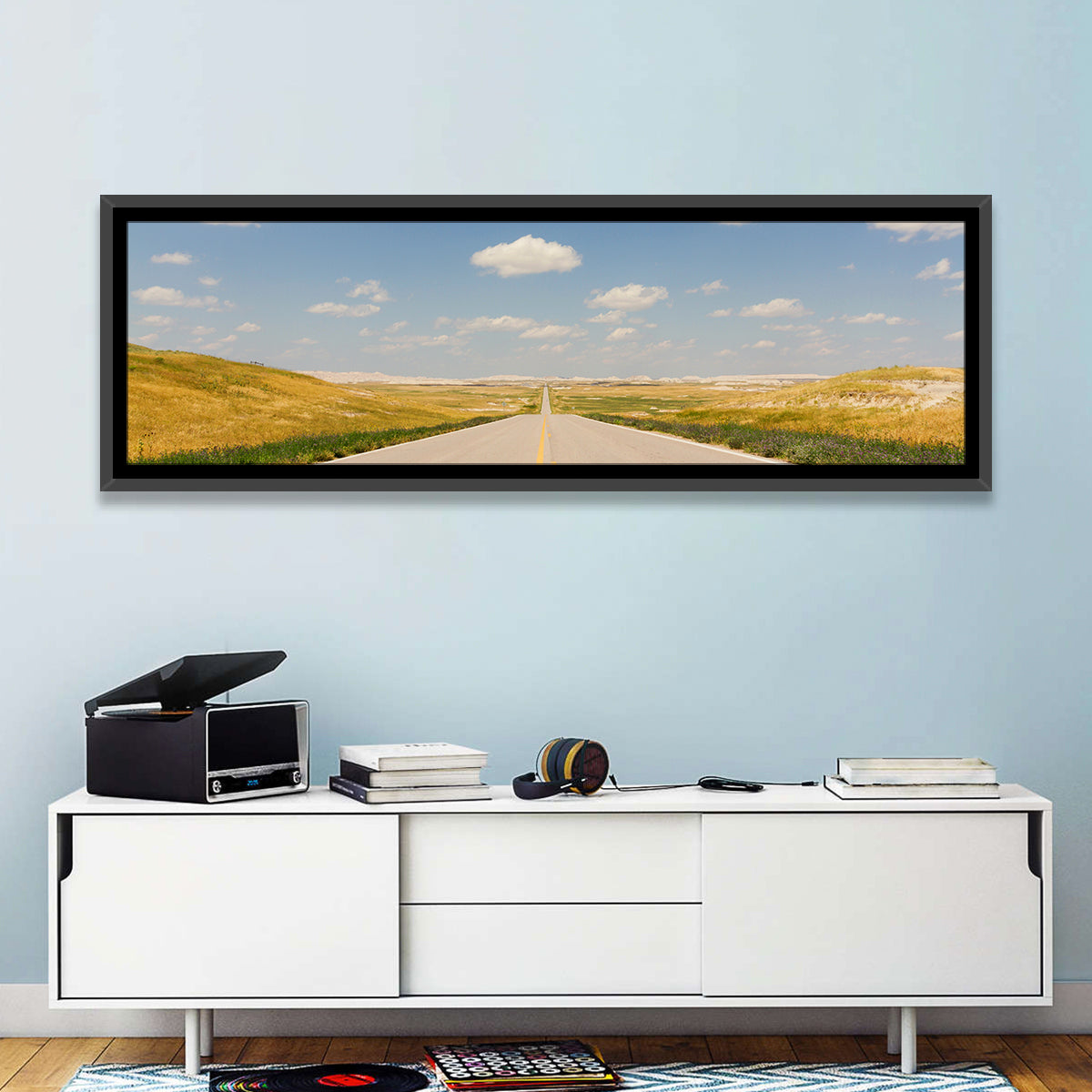 North Dakota Road to Horizon Wall Art in a room, panoramic