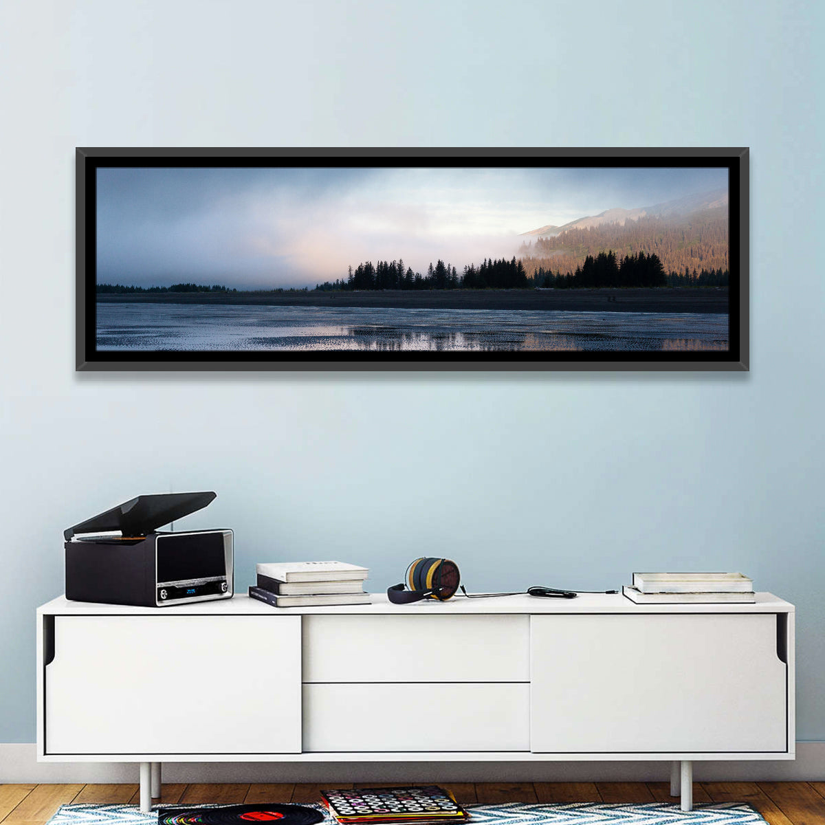 Lake Clark Foggy Shoreline Wall Art in a room, panoramic