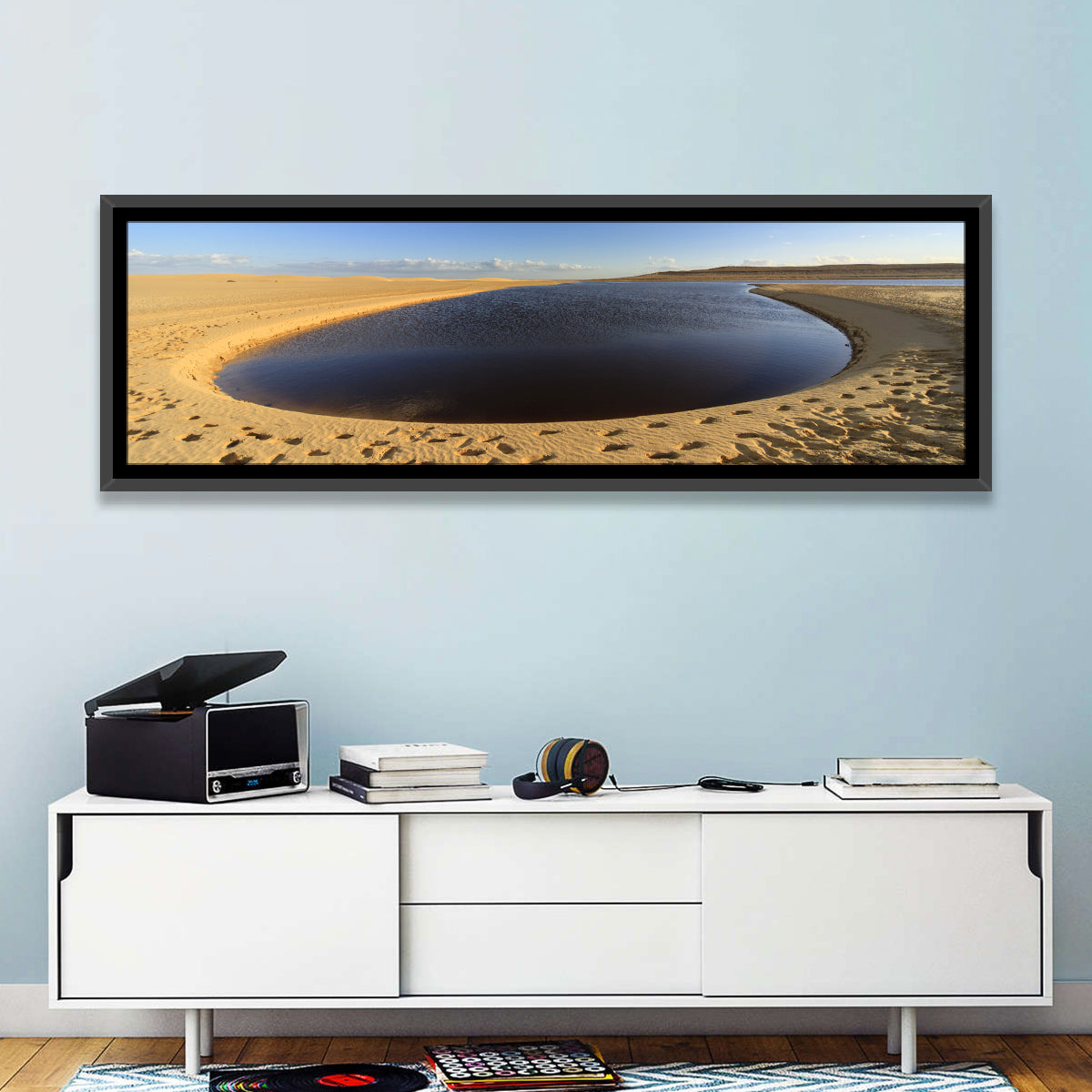 Fayoum Lake Footprints Wall Art in a room, panoramic