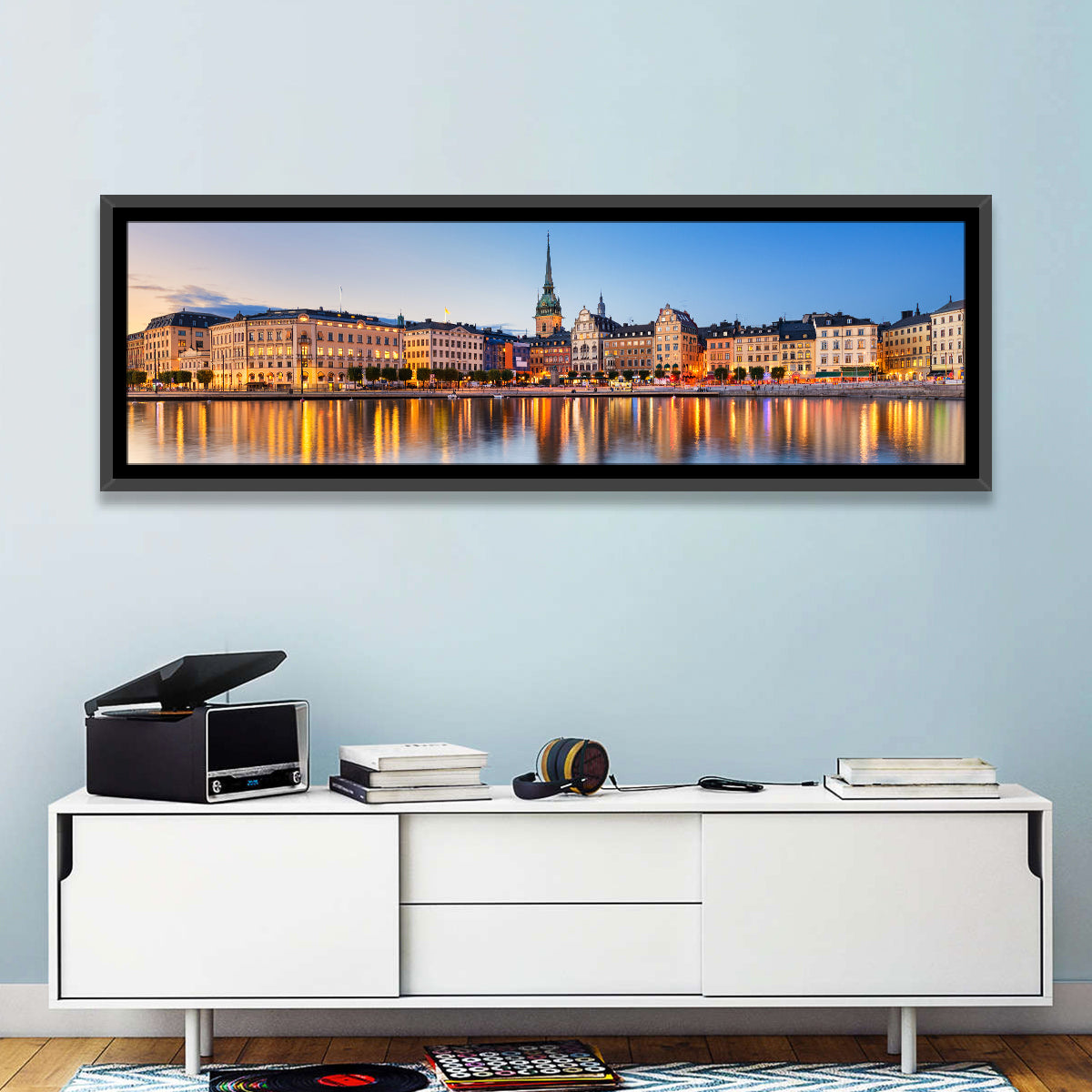 Gamla Stan Night Reflections Wall Art in a room, panoramic