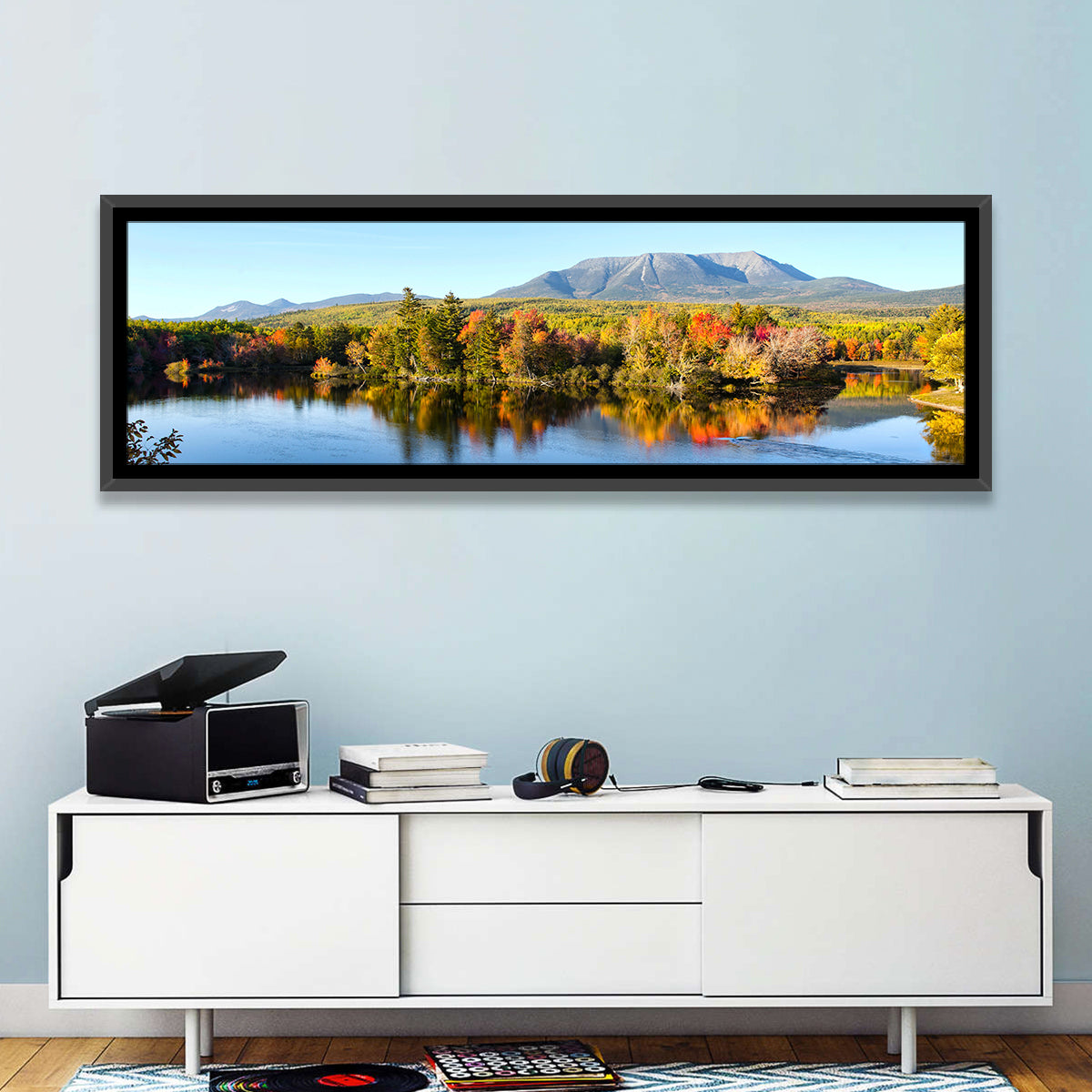 Mount Katahdin Autumn Reflection Wall Art in a room, panoramic