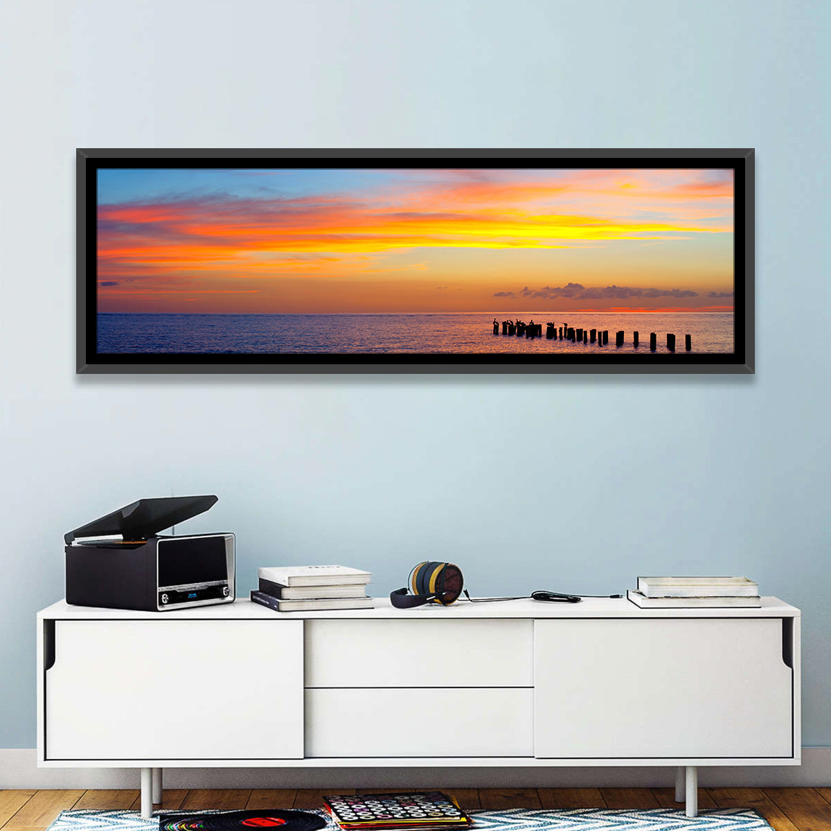 Naples Pier at Sunset Wall Art in a room, panoramic