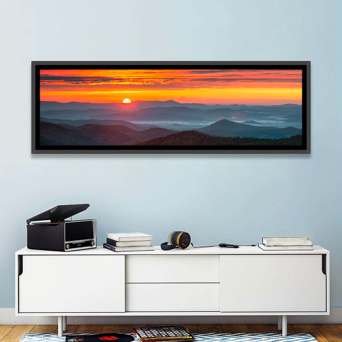 Blue Ridge Sunrise Over Misty Ridges Wall Art in a room, panoramic