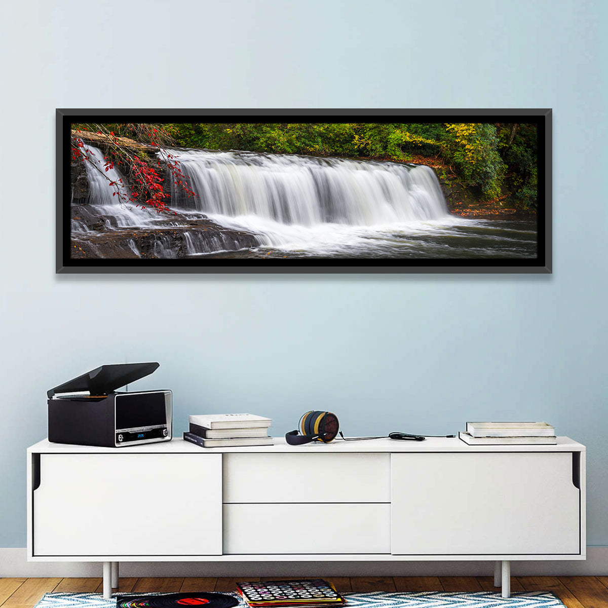 Blue Ridge Autumn Waterfall Wall Art in a room, panoramic