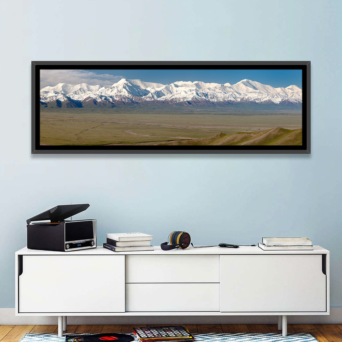 Pik Lenin Peaks Wall Art in a room, panoramic