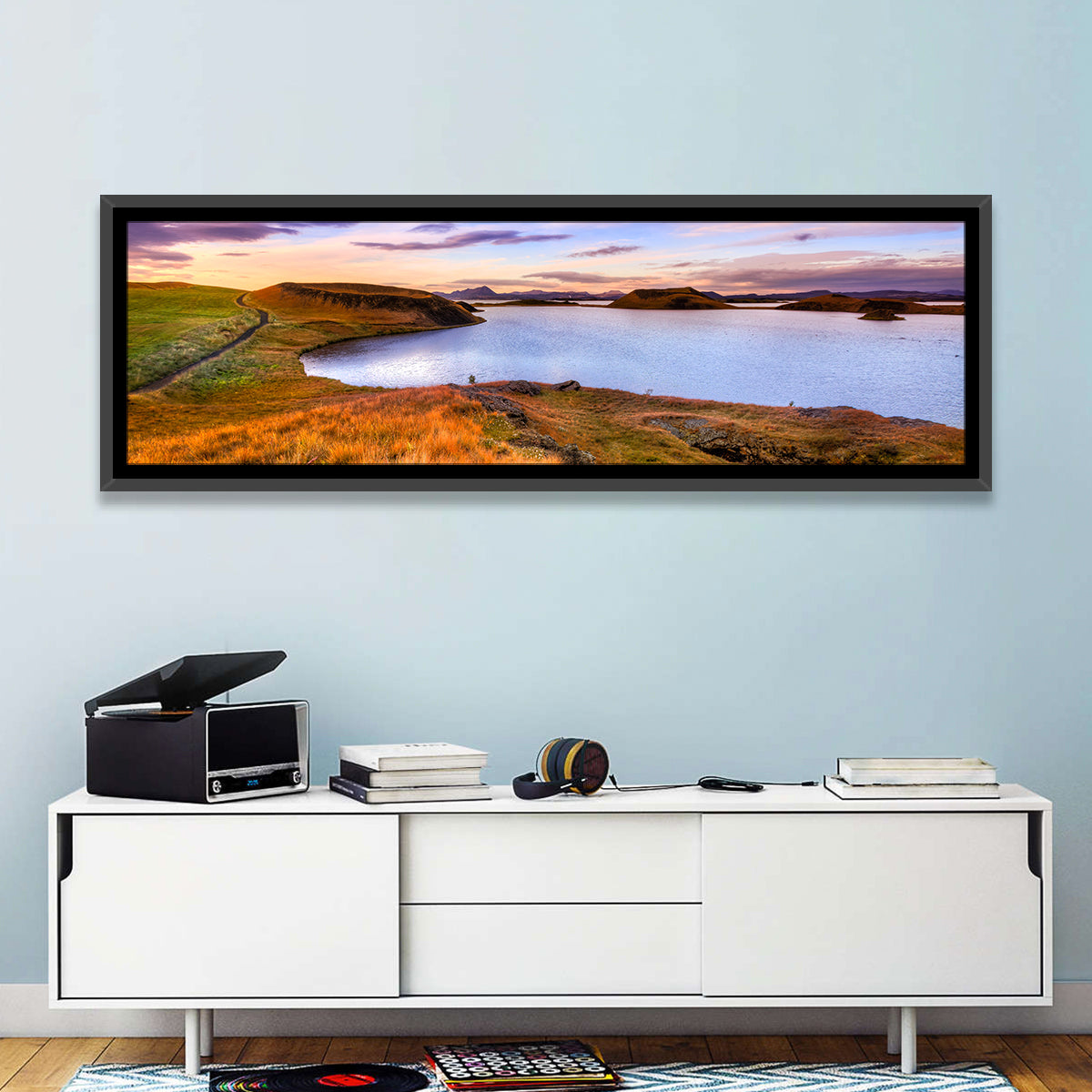 Sunset Over Lake Myvatn Wall Art in a room, panoramic