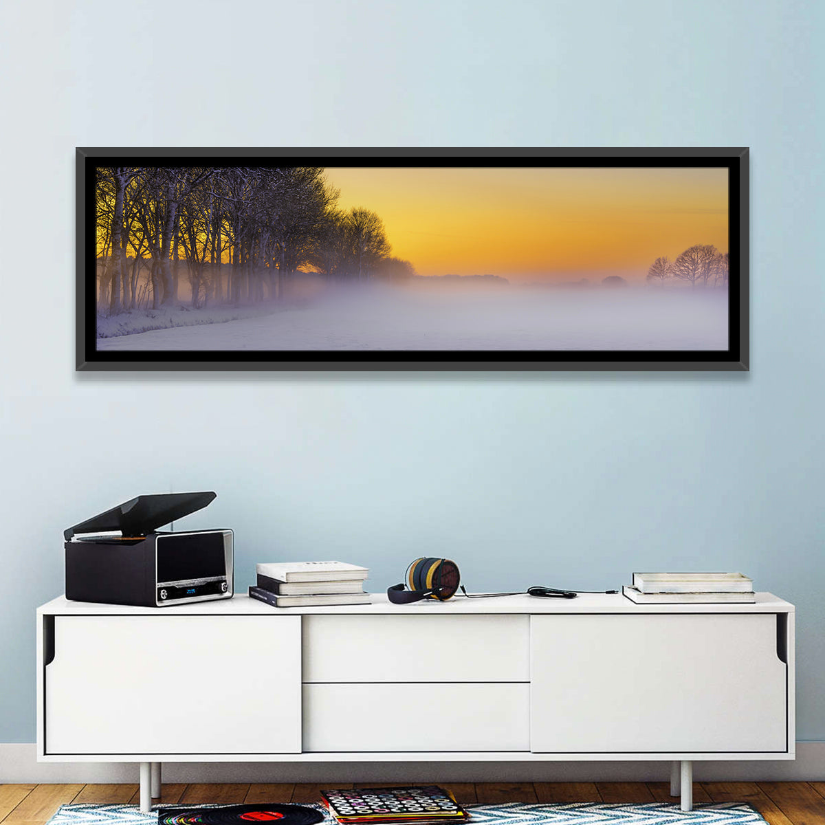 Winter Fog at Sunset Wall Art in a room, panoramic