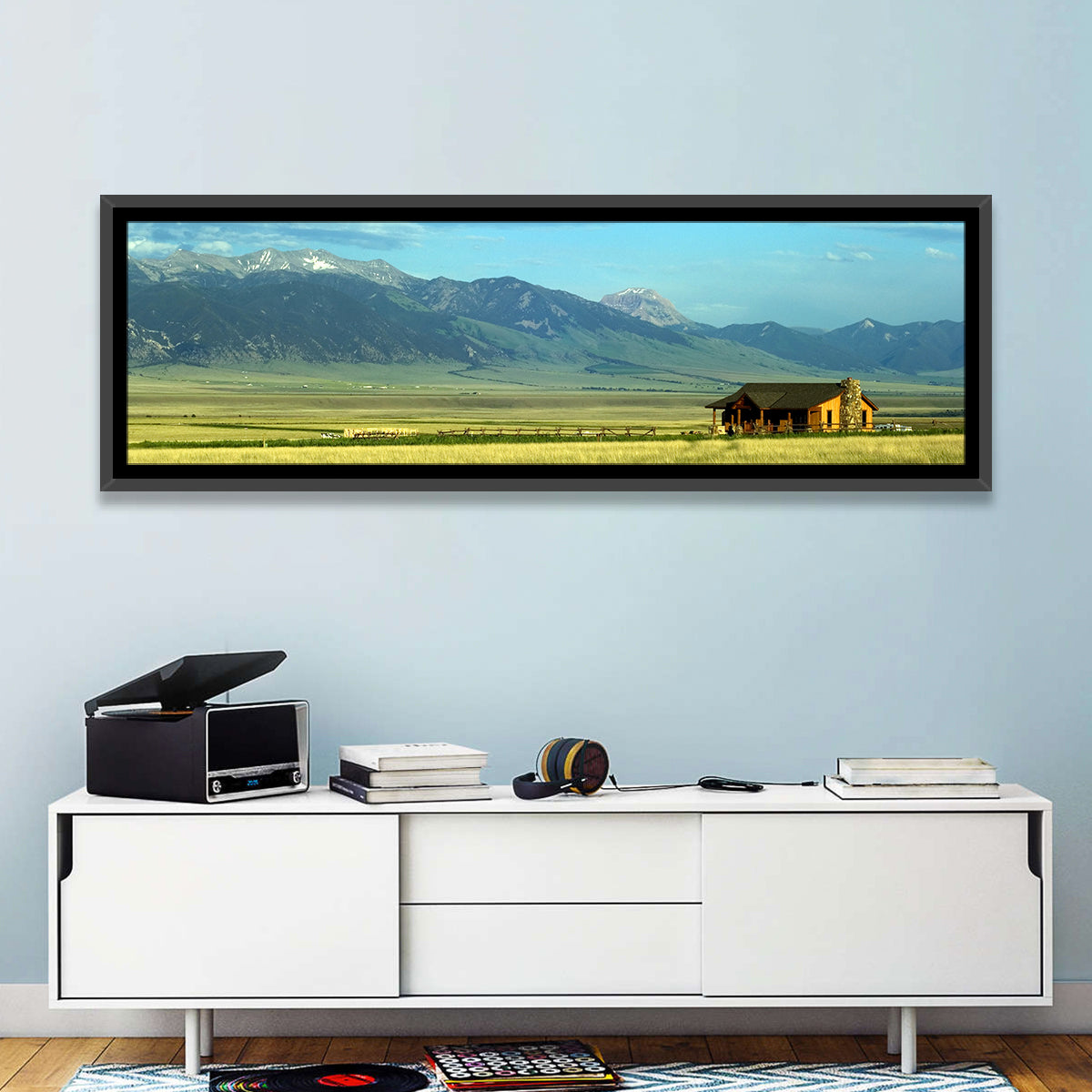 Montana Mountain Ranch Wall Art in a room, panoramic
