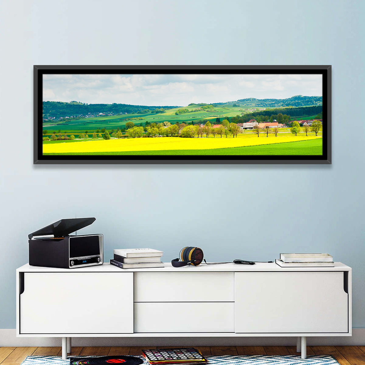 Czech Rapeseed Fields Wall Art in a room, panoramic