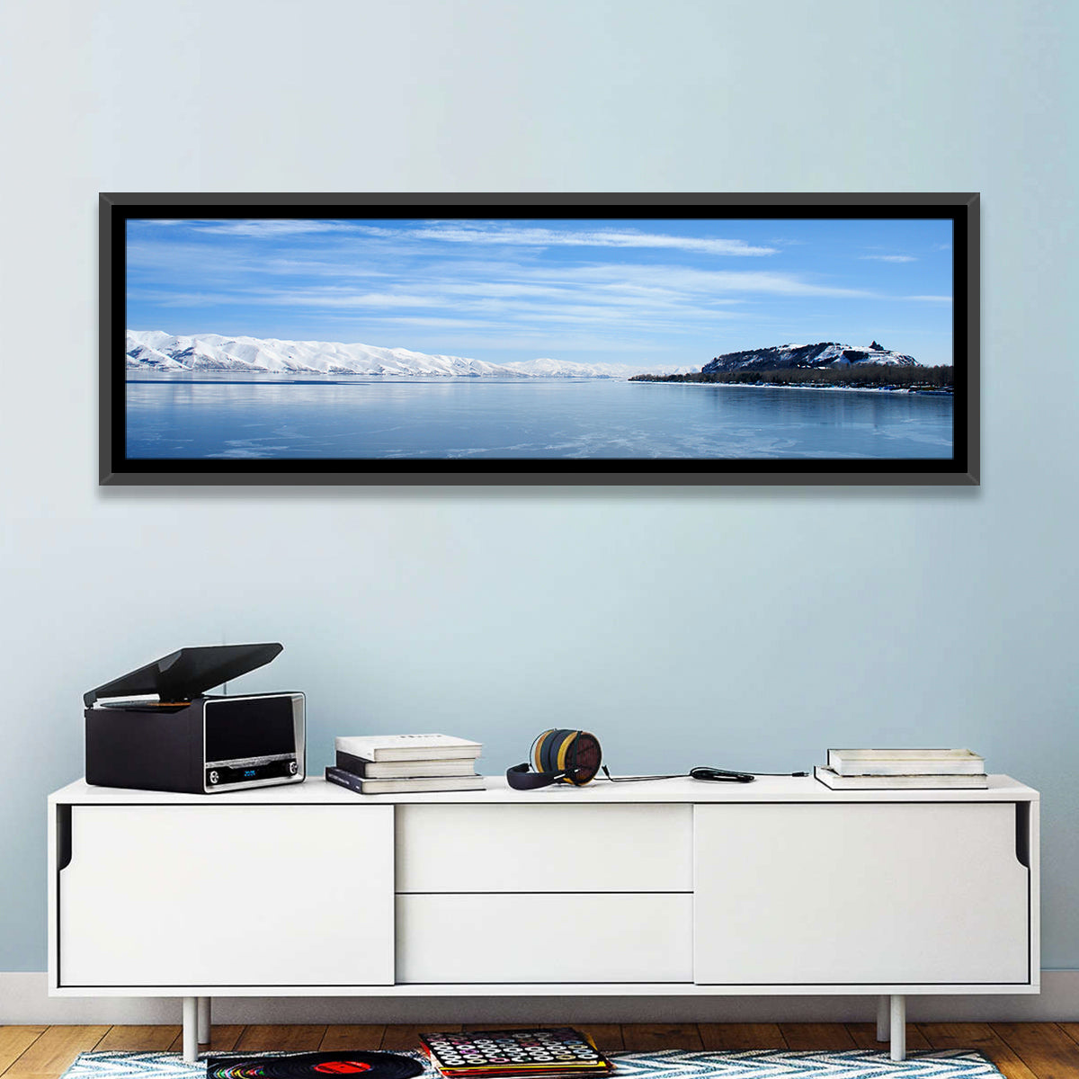 Lake Sevan in Winter Wall Art in a room, panoramic