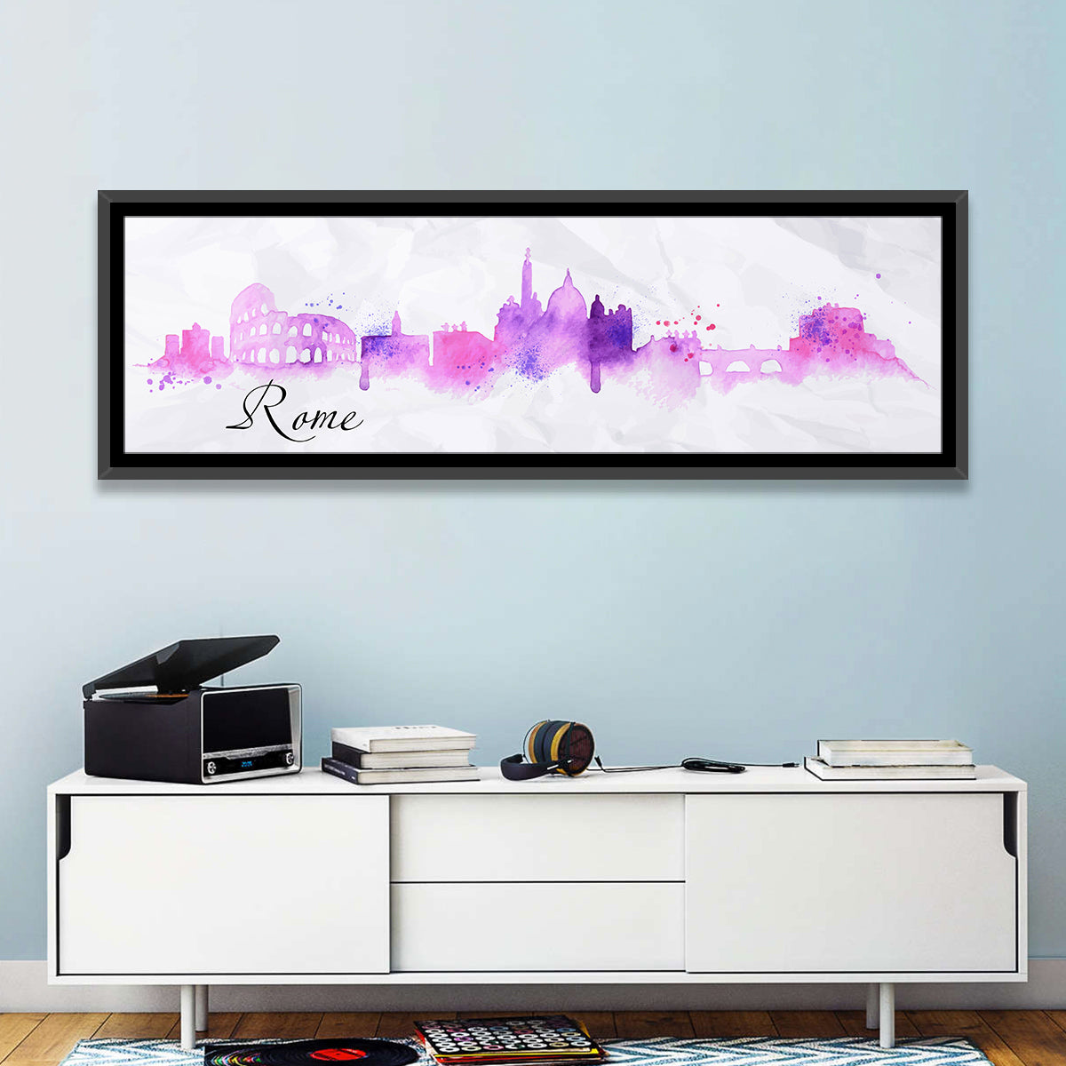 Watercolor Rome Skyline Wall Art in a room, panoramic