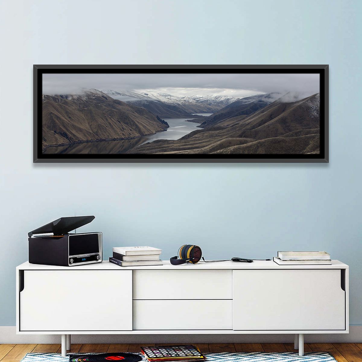 Snow-dusted Snake River Canyon Wall Art in a room, panoramic