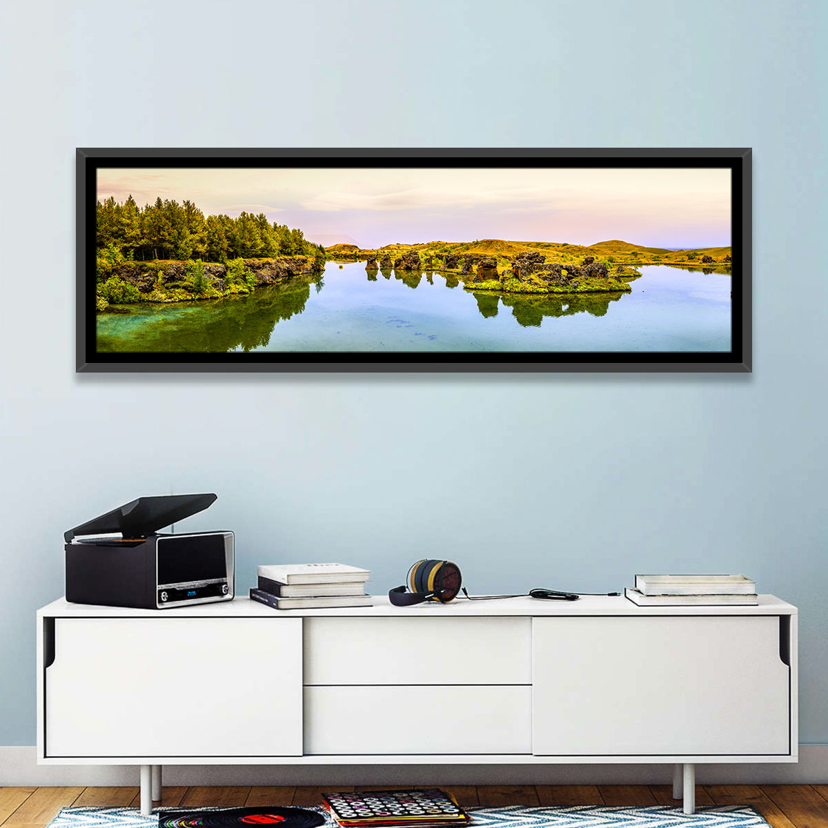 Lake Myvatn Reflections Wall Art in a room, panoramic