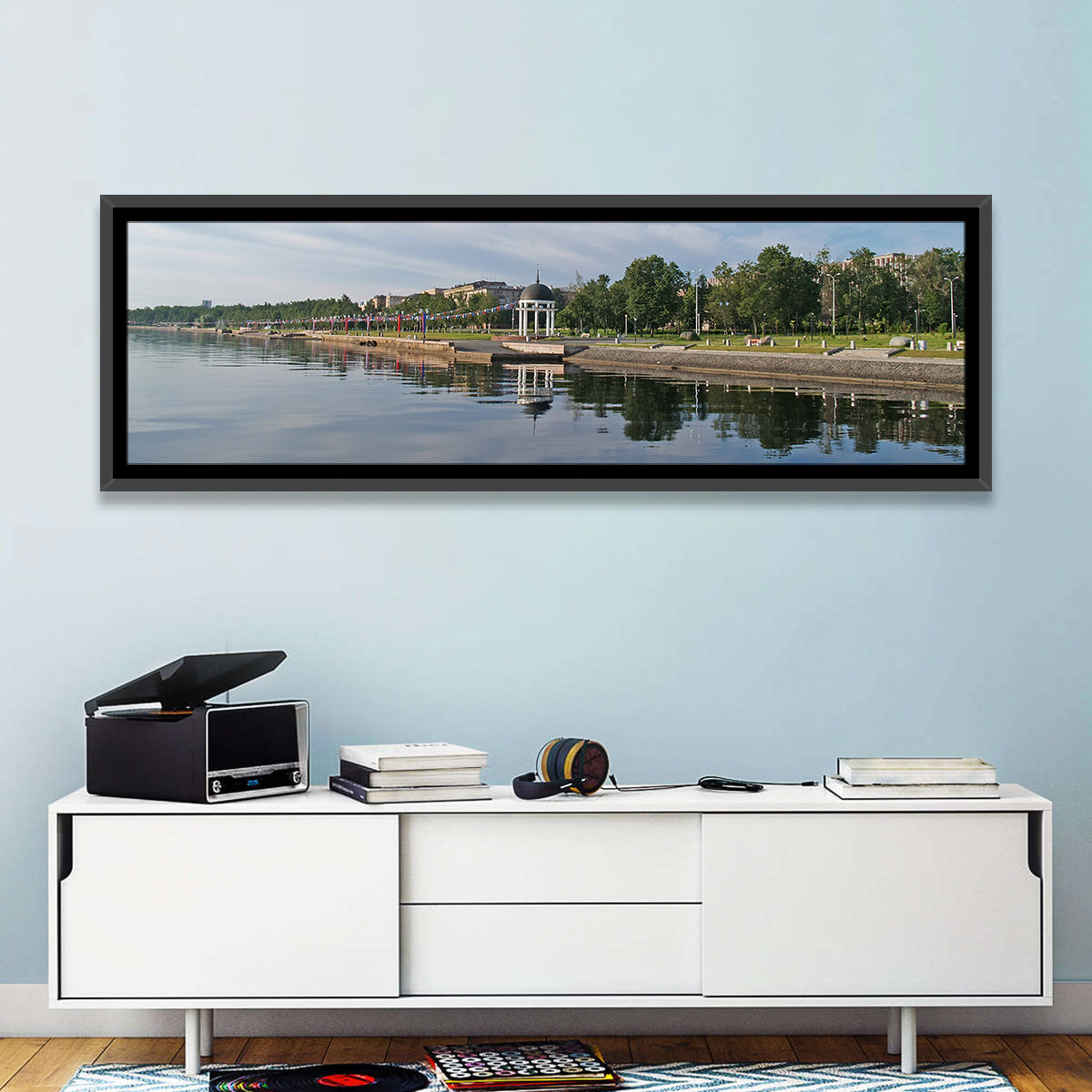 Lake Onega Promenade with Gazebo Wall Art in a room, panoramic