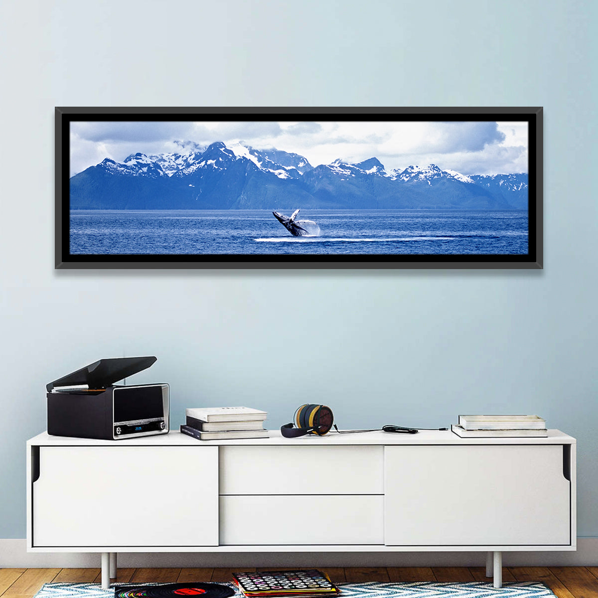 Humpback Whale with Snow Capped Mountains Wall Art in a room, panoramic