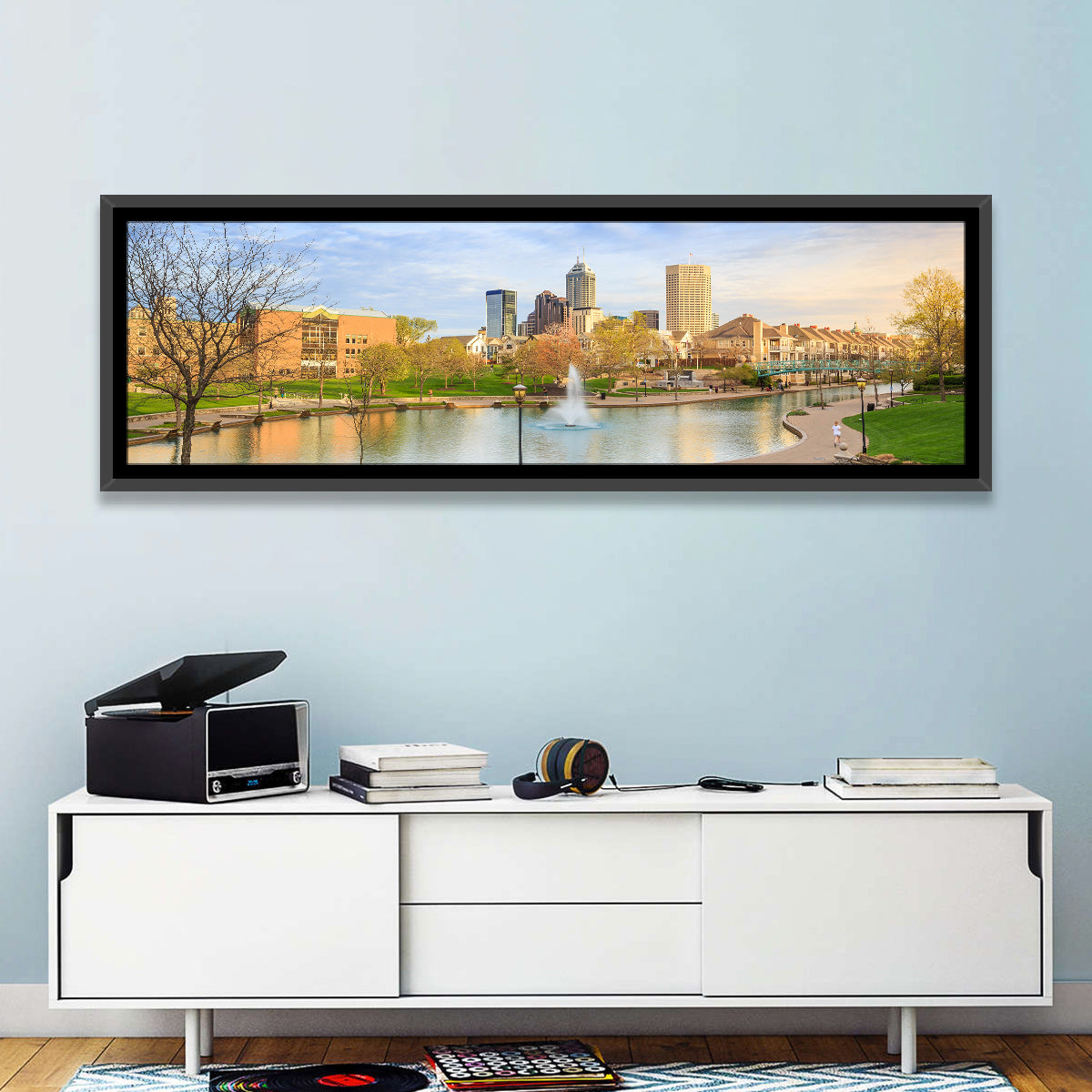 Indianapolis Central Canal Skyline Wall Art in a room, panoramic