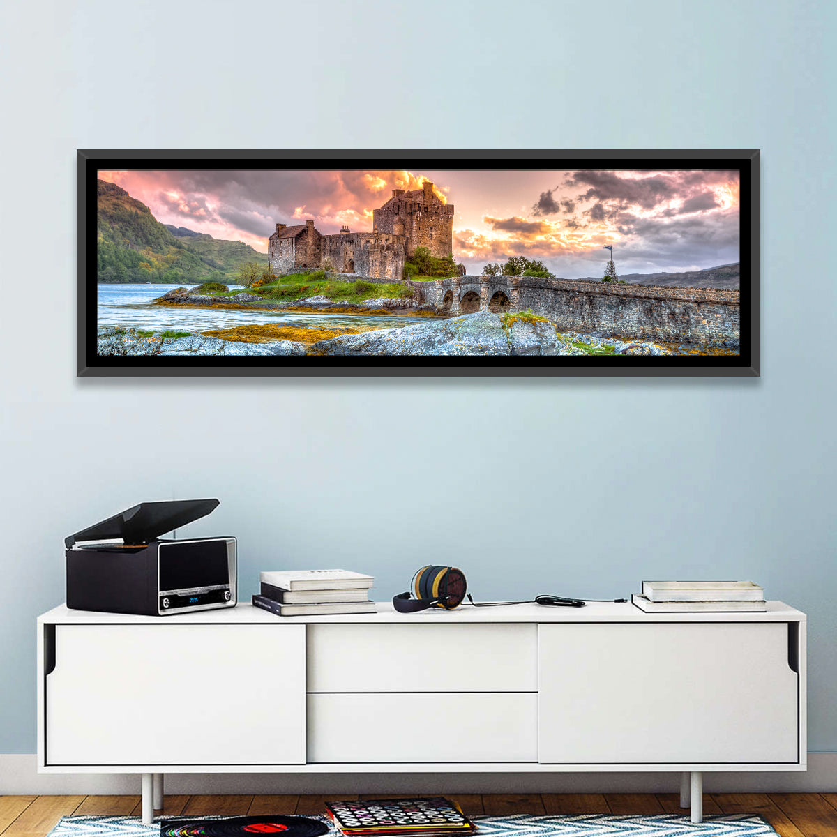 Eilean Donan Castle at Sunset Wall Art in a room, panoramic