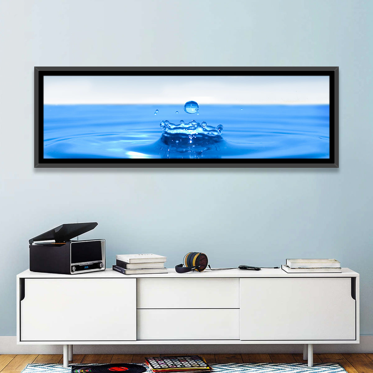 Ocean Water Drop Wall Art in a room, panoramic