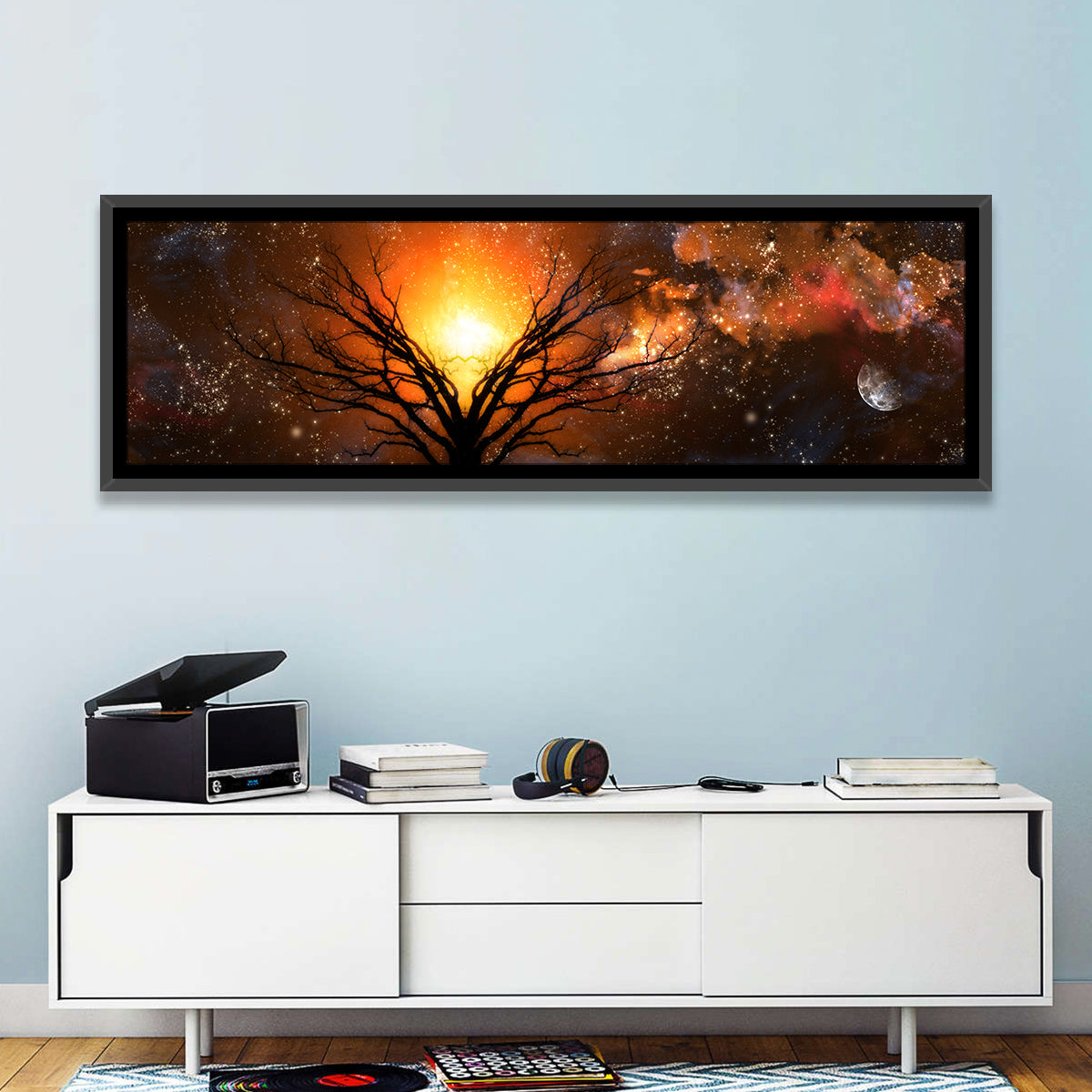 Haunted Tree Under Nebula Wall Art in a room, panoramic