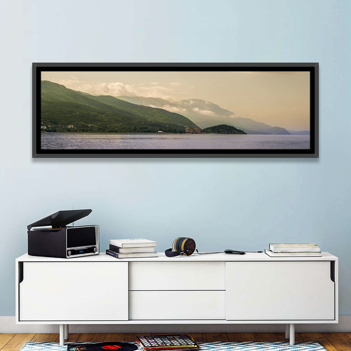 Ohrid Lakeshore Mountain View Wall Art in a room, panoramic