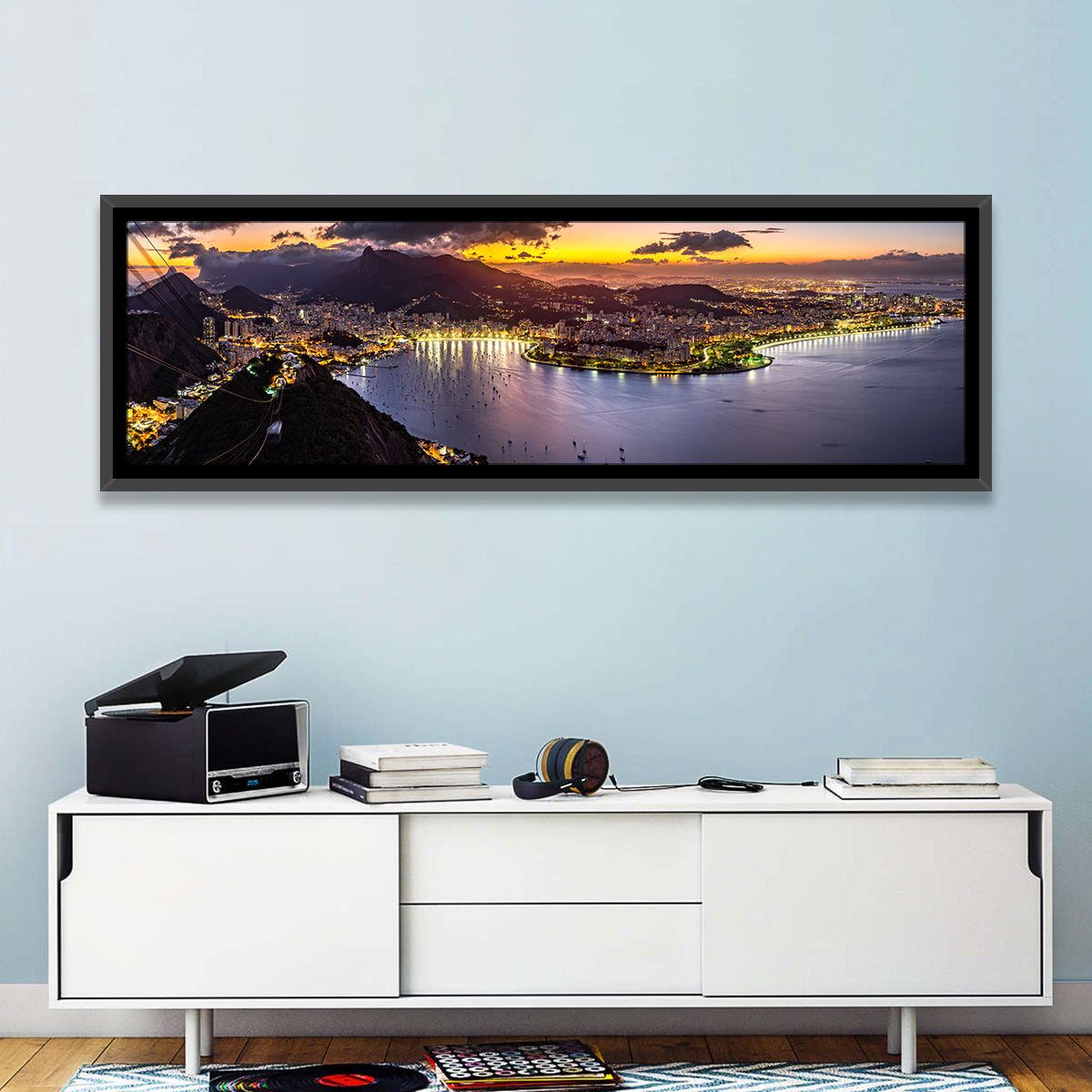 Rio De Janeiro Night Skyline Wall Art in a room, panoramic