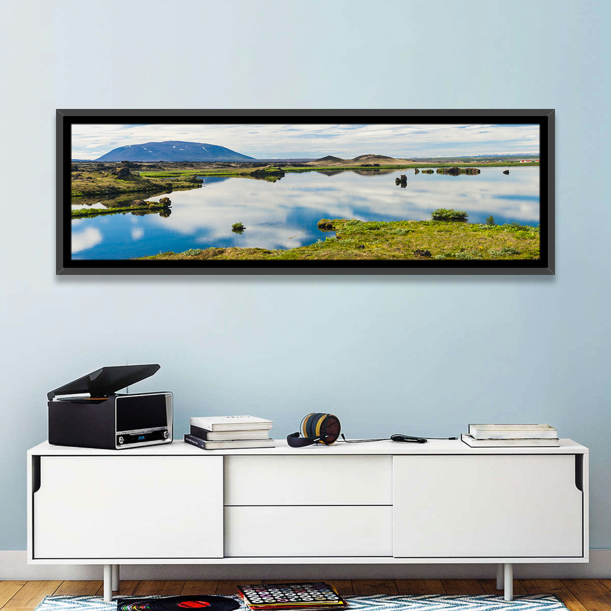 Lake Myvatn Reflection Wall Art in a room, panoramic