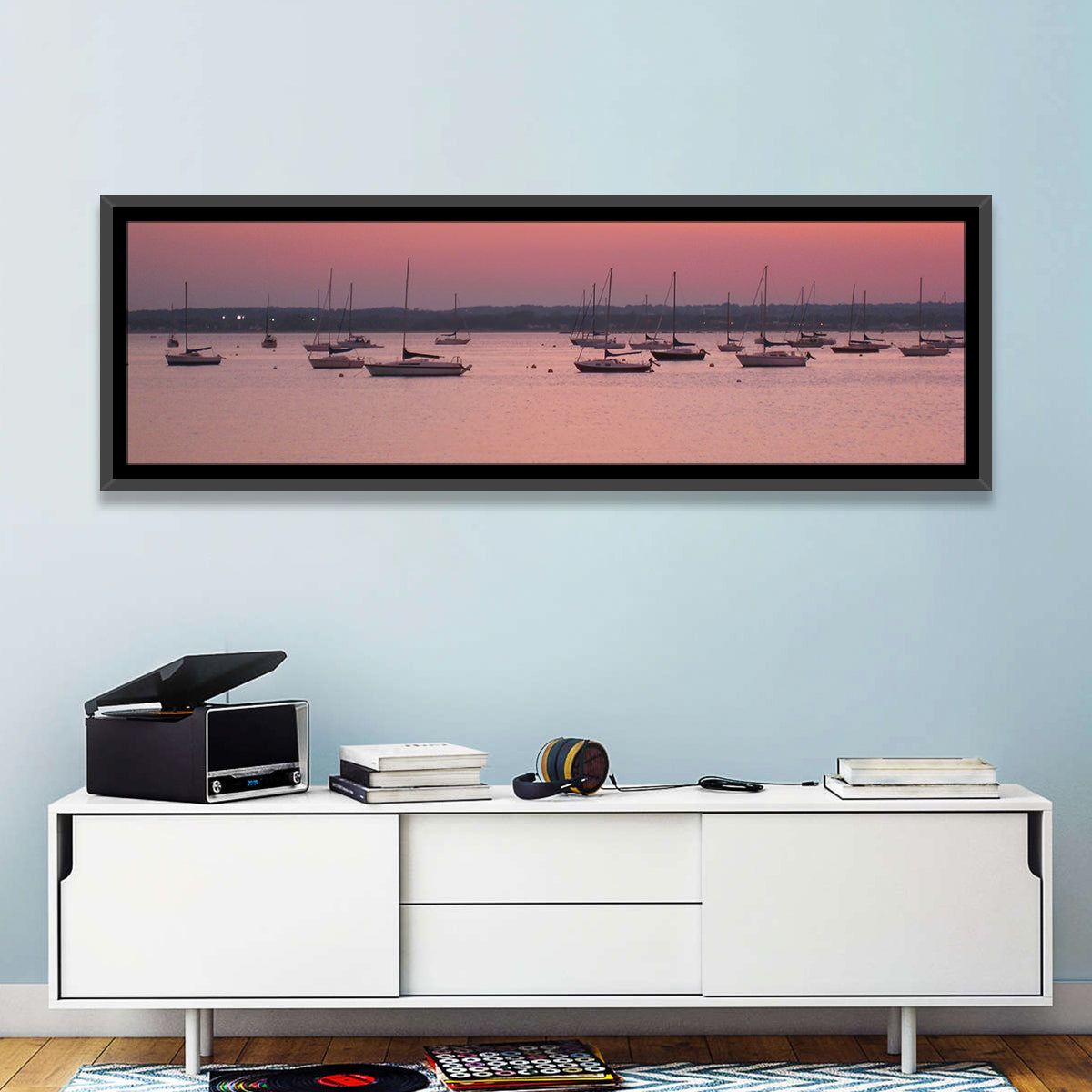 East Haven Beach Sunset Wall Art in a room, panoramic