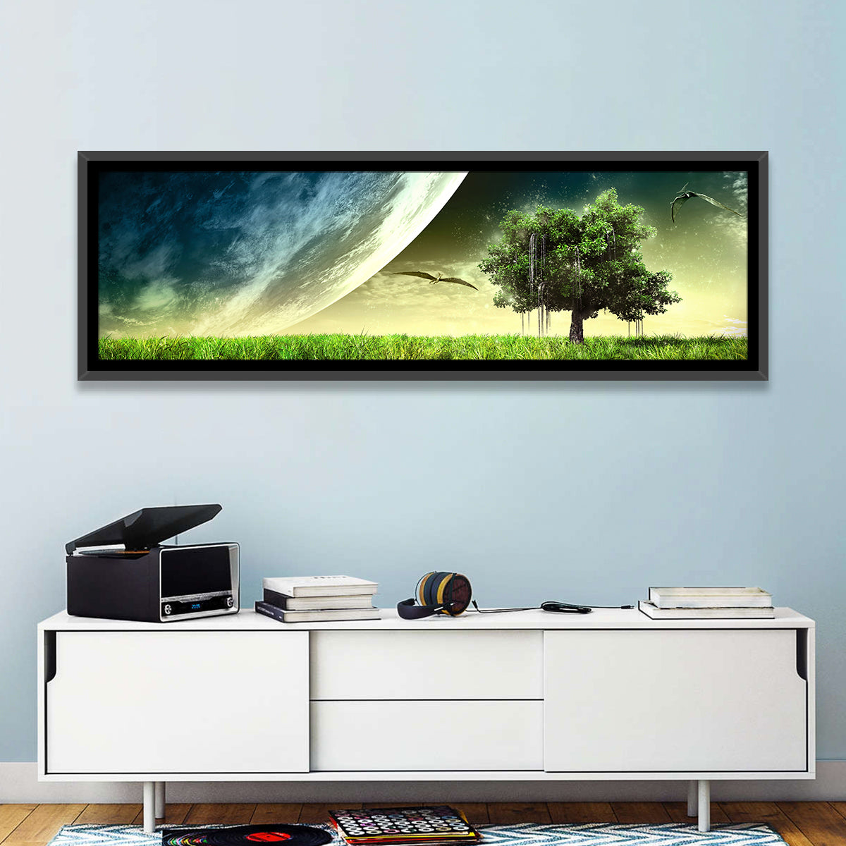 Alien Meadow Under a Giant Planet Wall Art in a room, panoramic