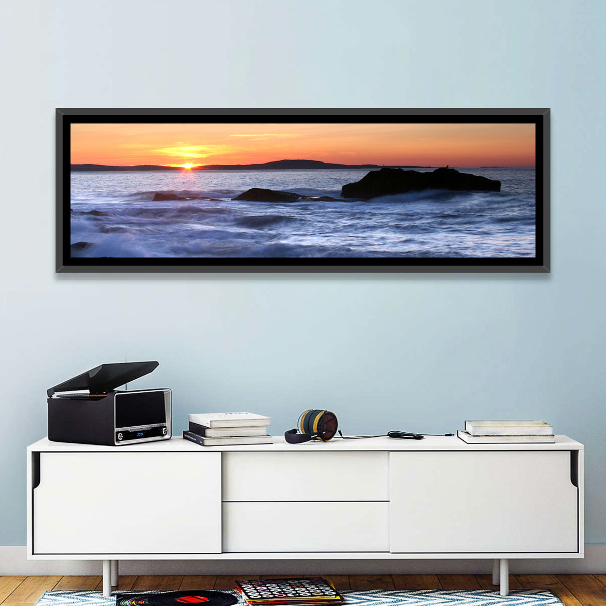 Acadia National Park Coastline Wall Art in a room, panoramic