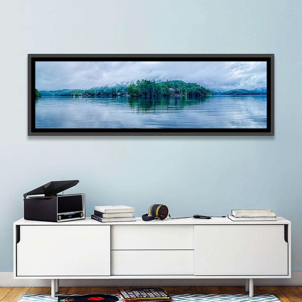 Lake Santeetlah Reflection Wall Art in a room, panoramic