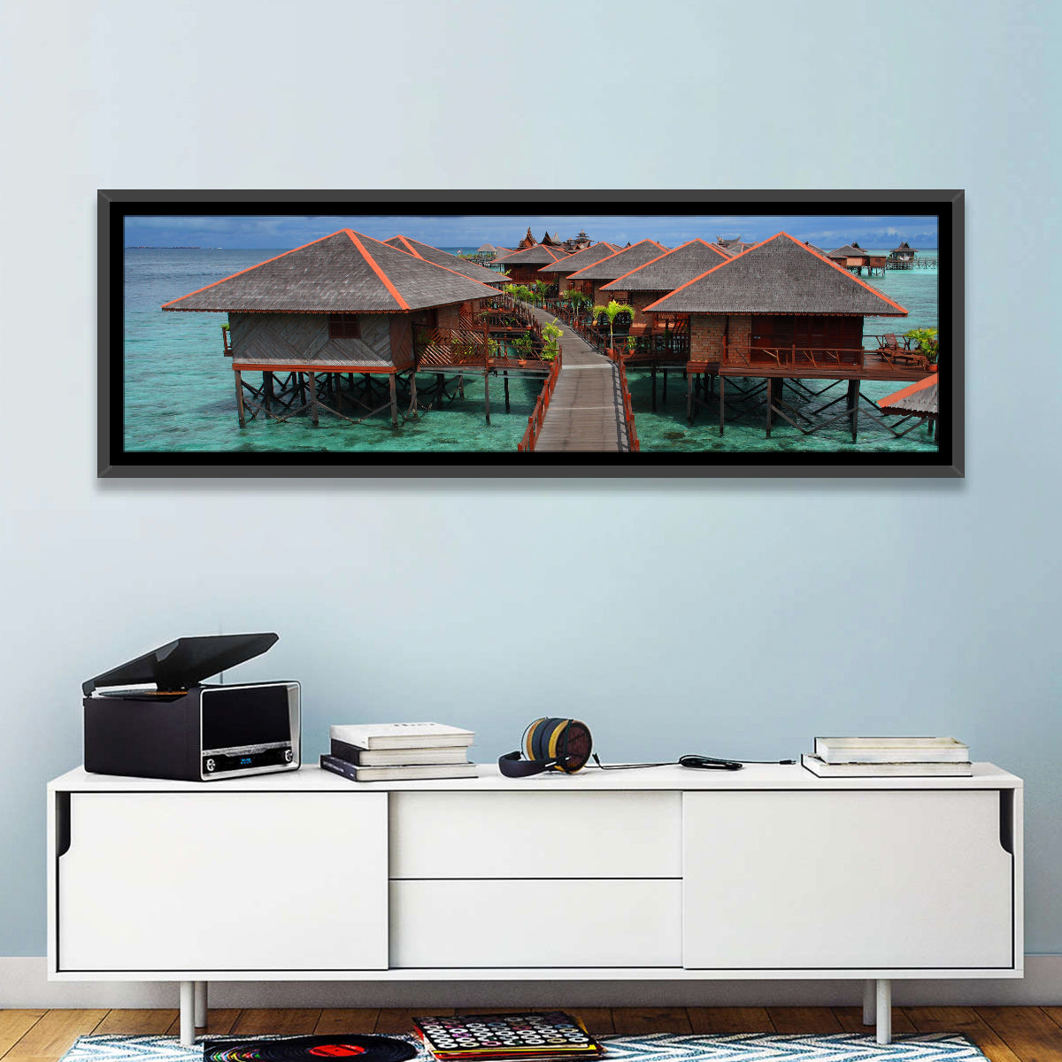 Overwater Bungalows Boardwalk Over Turquoise Sea Wall Art in a room, panoramic