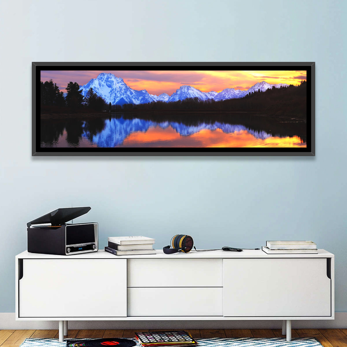 Grand Teton Sunset Reflection Wall Art in a room, panoramic