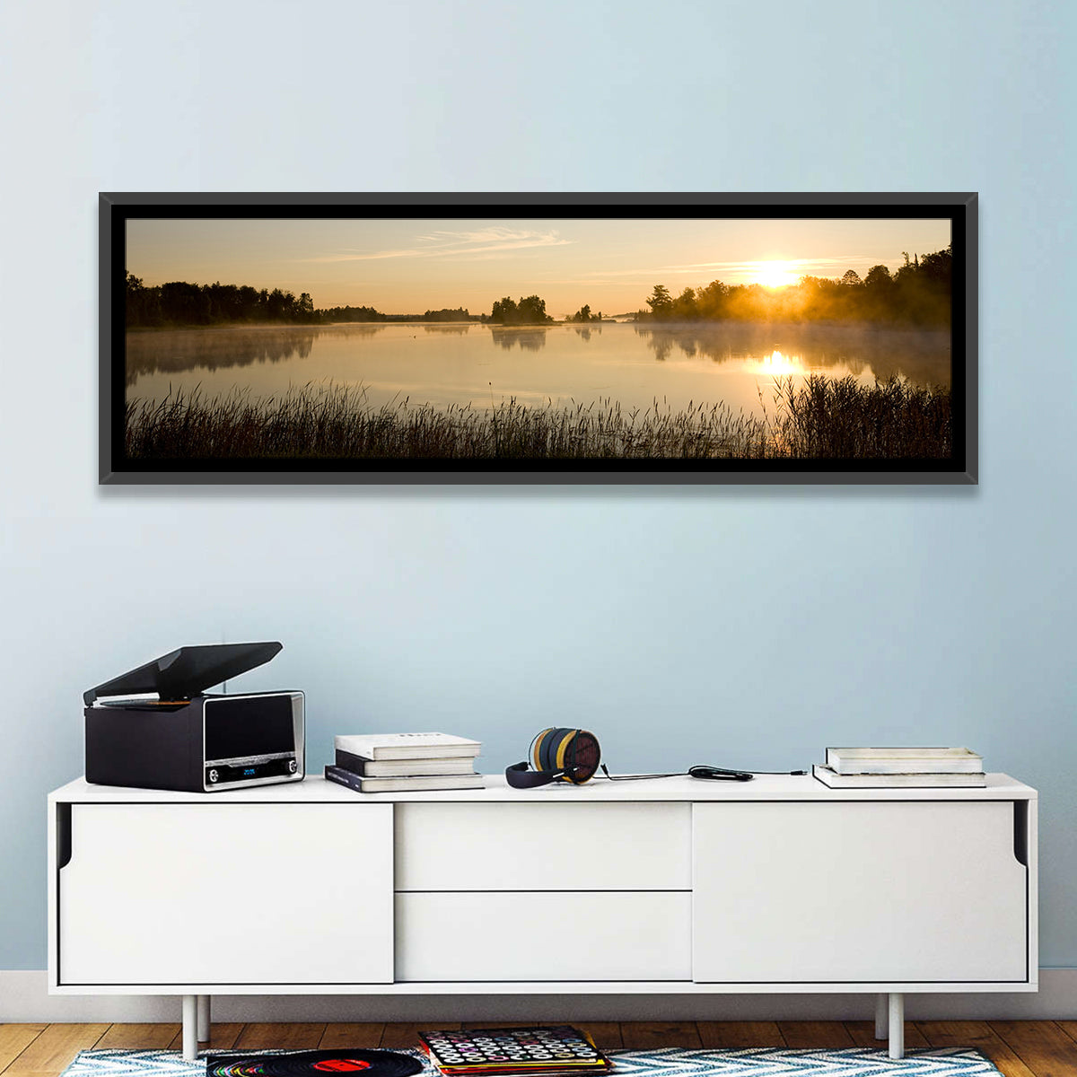 Tranquil Minnesota Lake Wall Art in a room, panoramic