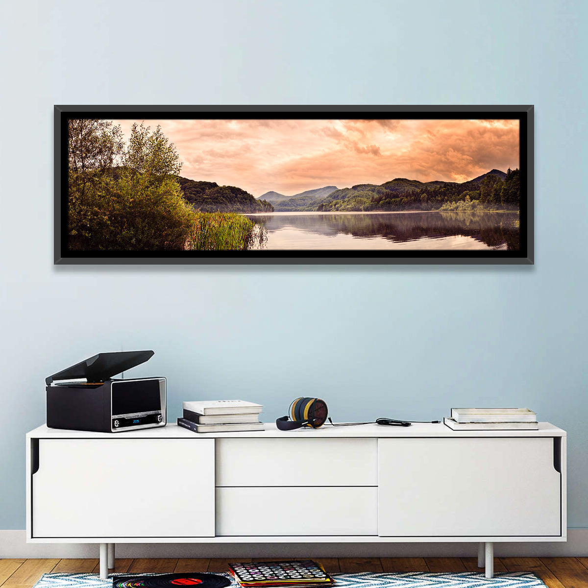 Cloudy Lake at Golden Hour Wall Art in a room, panoramic