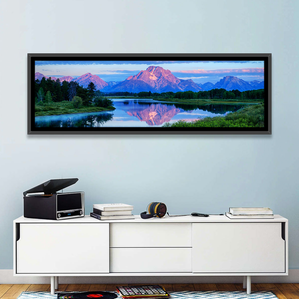 Oxbow Bend Dawn Reflection Wall Art in a room, panoramic