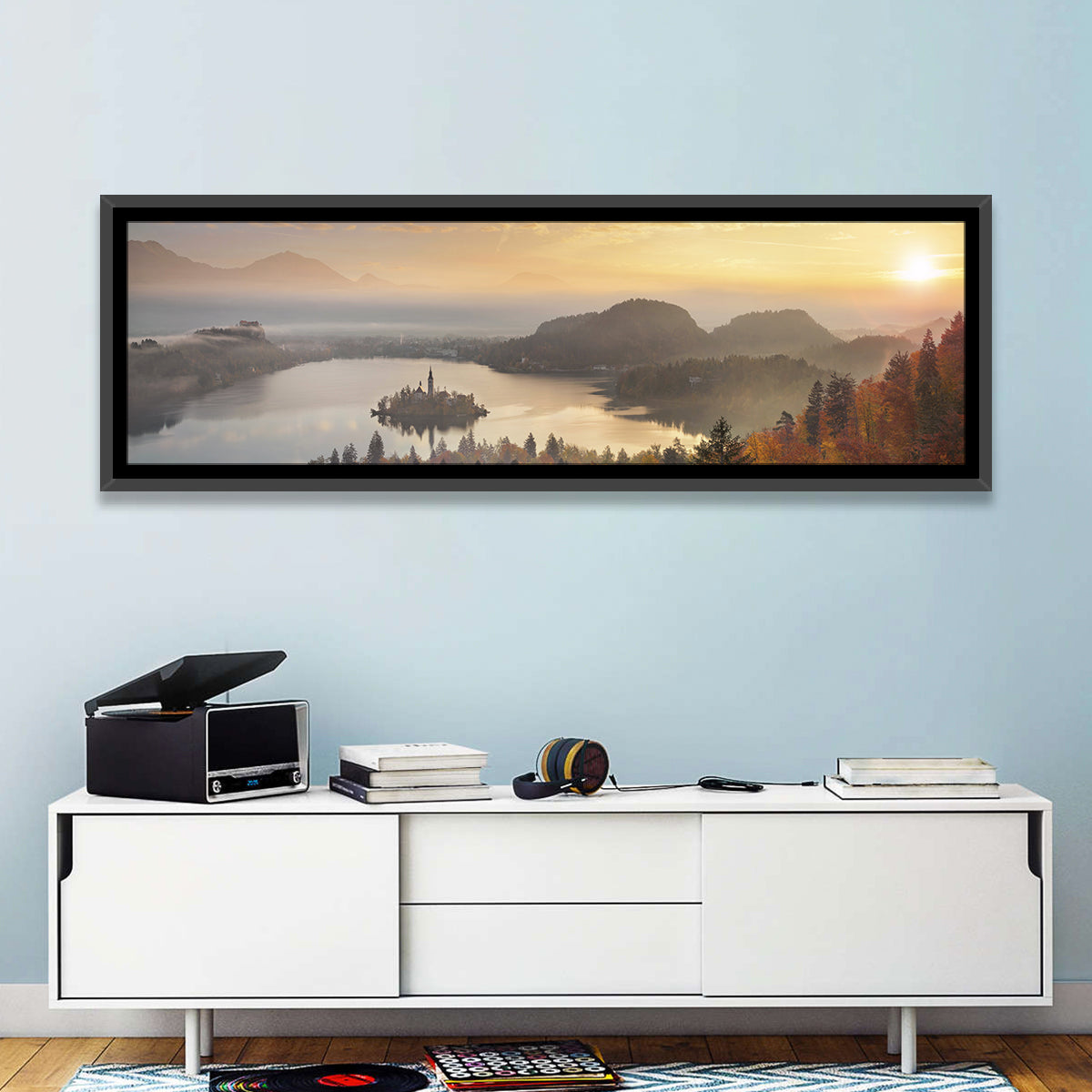 Autumn Morning at Lake Bled Wall Art in a room, panoramic
