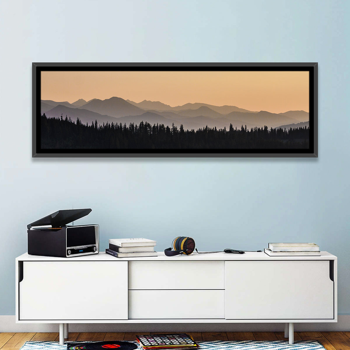 Lavender Mountain Ridge Silhouettes Wall Art in a room, panoramic