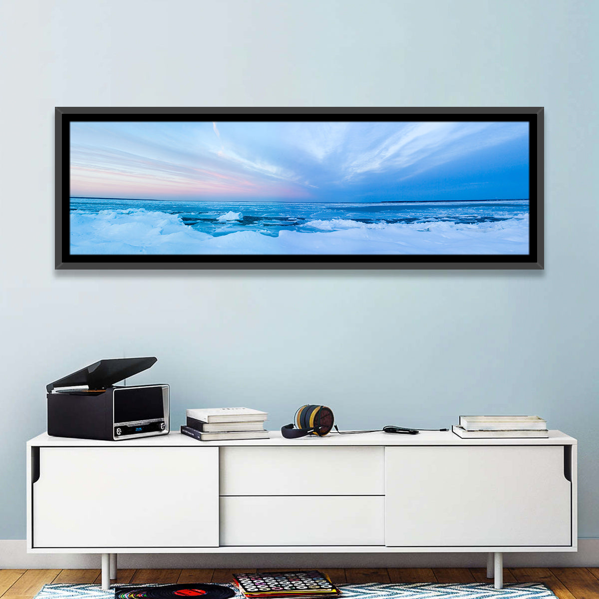 Frozen Blue Seascape Wall Art in a room, panoramic