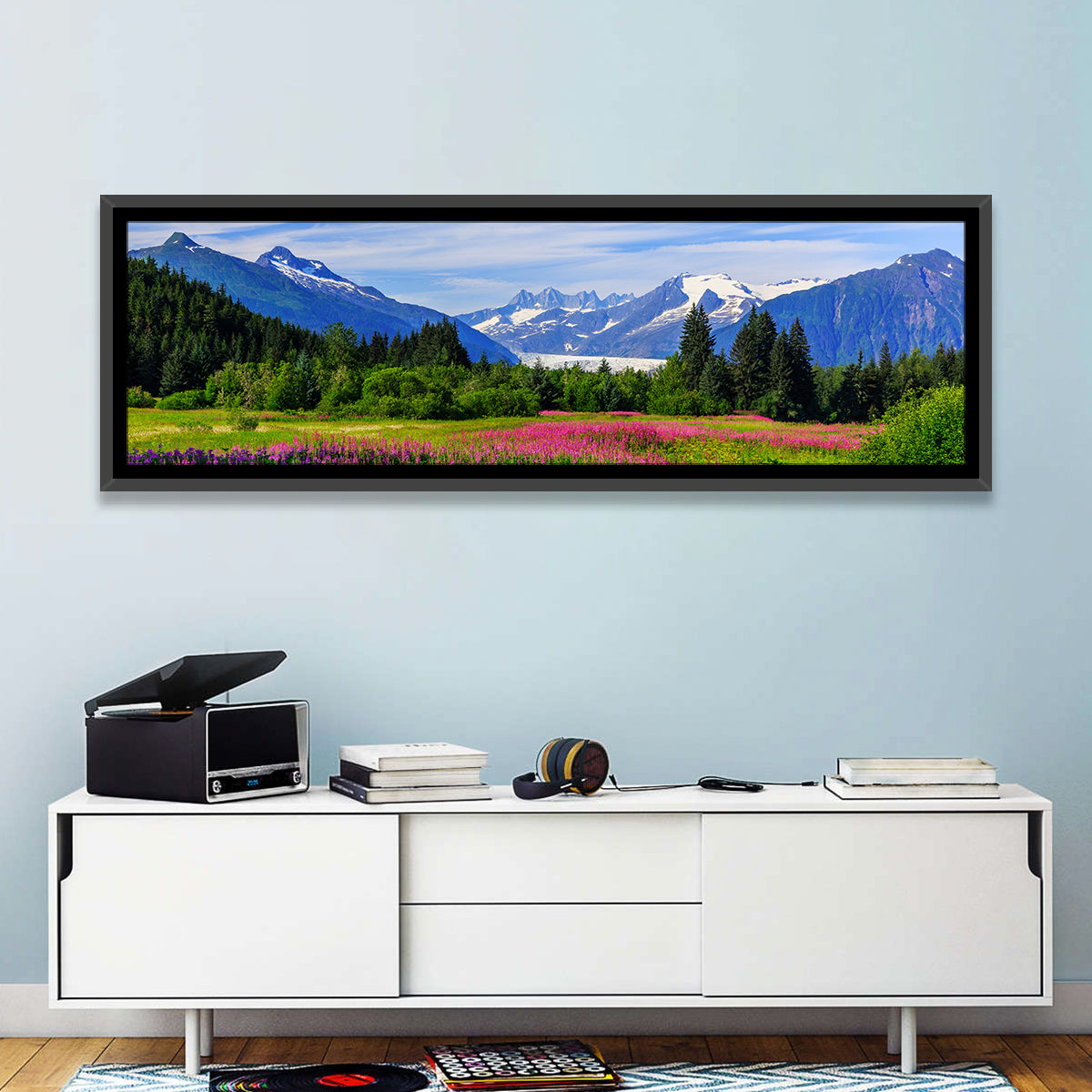 Juneau Meadow with Mendenhall Glacier Wall Art in a room, panoramic