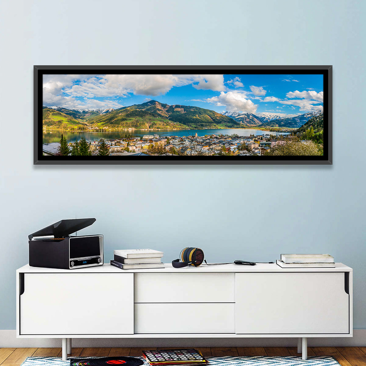 Zell Am See Shoreline Wall Art in a room, panoramic