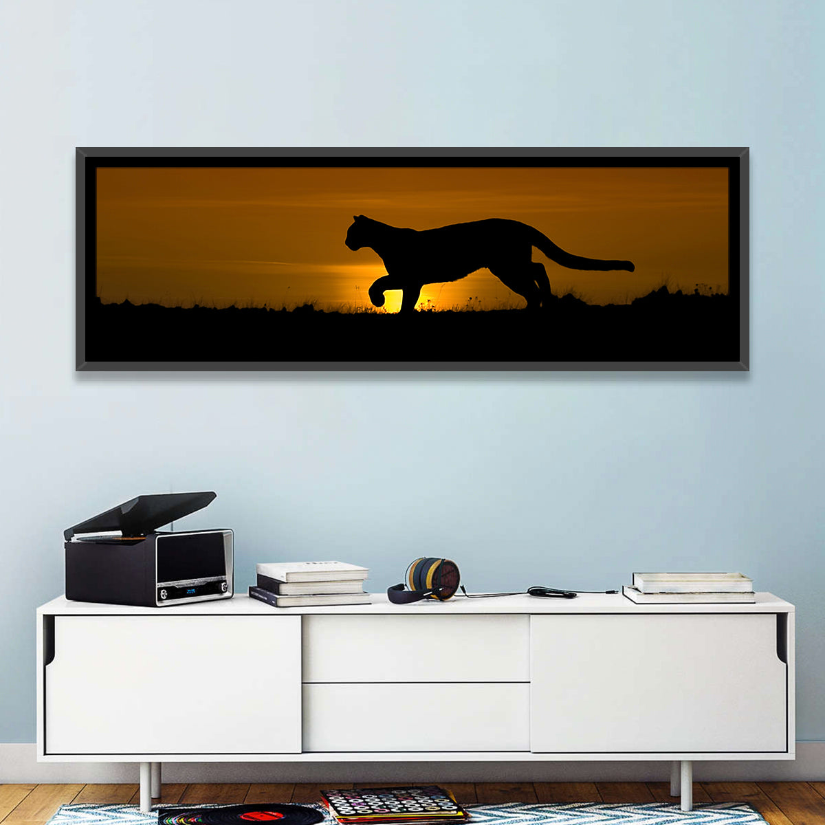 Cougar Silhouette at Sunset Wall Art in a room, panoramic