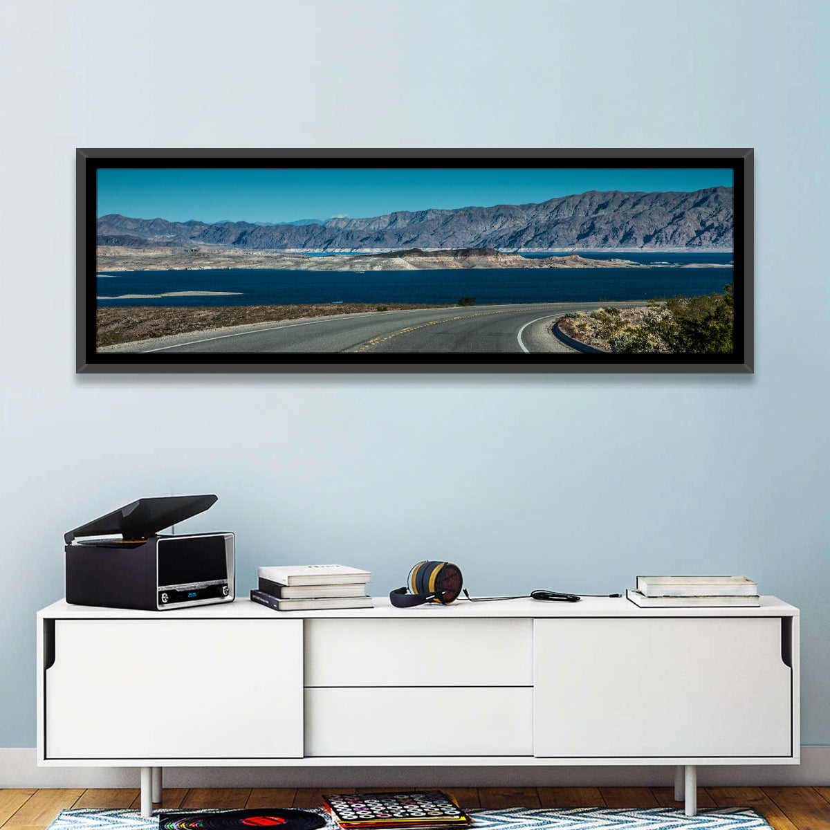 Lake Mead Curved Road Wall Art in a room, panoramic