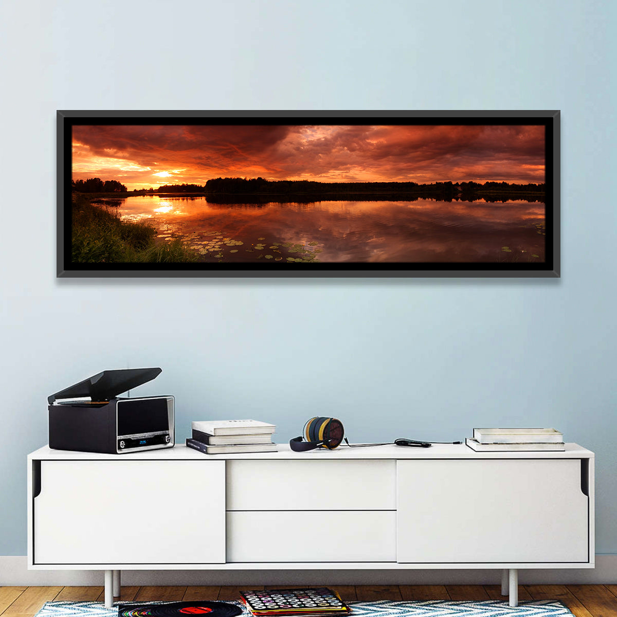 Sunset Lake Reflection Wall Art in a room, panoramic
