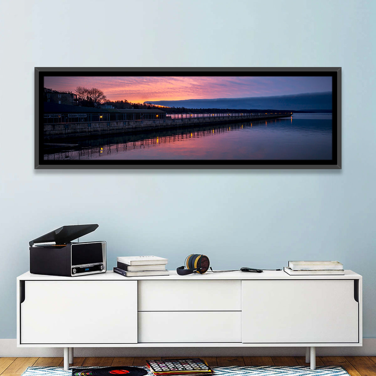 Skaneateles Lake Pier at Dusk Wall Art in a room, panoramic