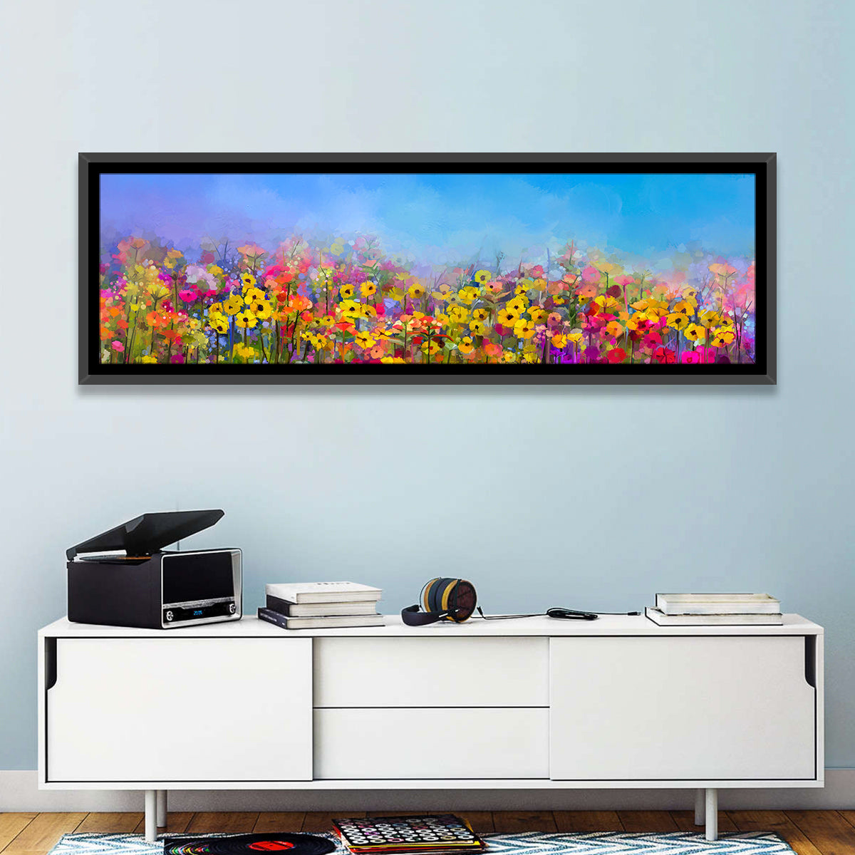 Cornflower and Daisy Meadow Wall Art in a room, panoramic