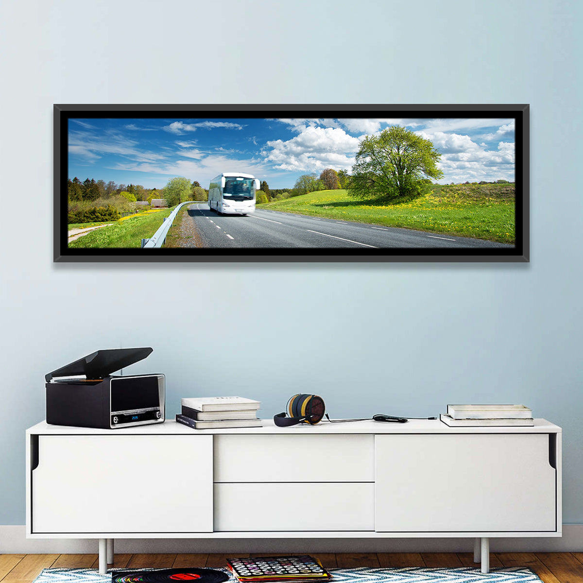 White Bus on Meadow Road Wall Art in a room, panoramic