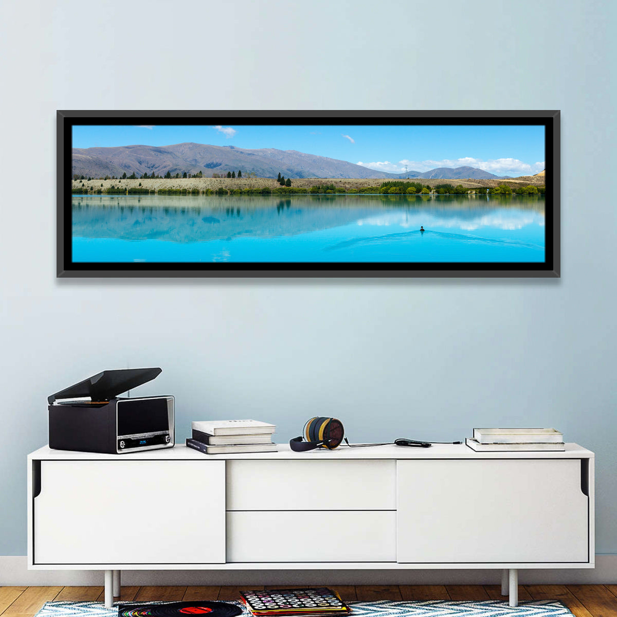Lake Ruataniwha Reflection Wall Art in a room, panoramic