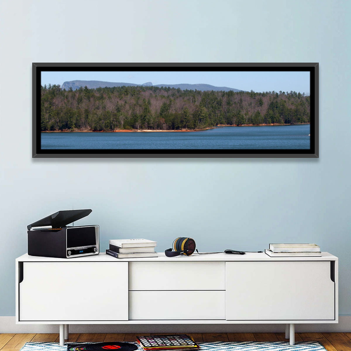 Lake James Shoreline Wall Art in a room, panoramic